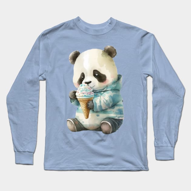 Panda Eating Ice Cream watercolor cute Long Sleeve T-Shirt by KAWAIIBYHM